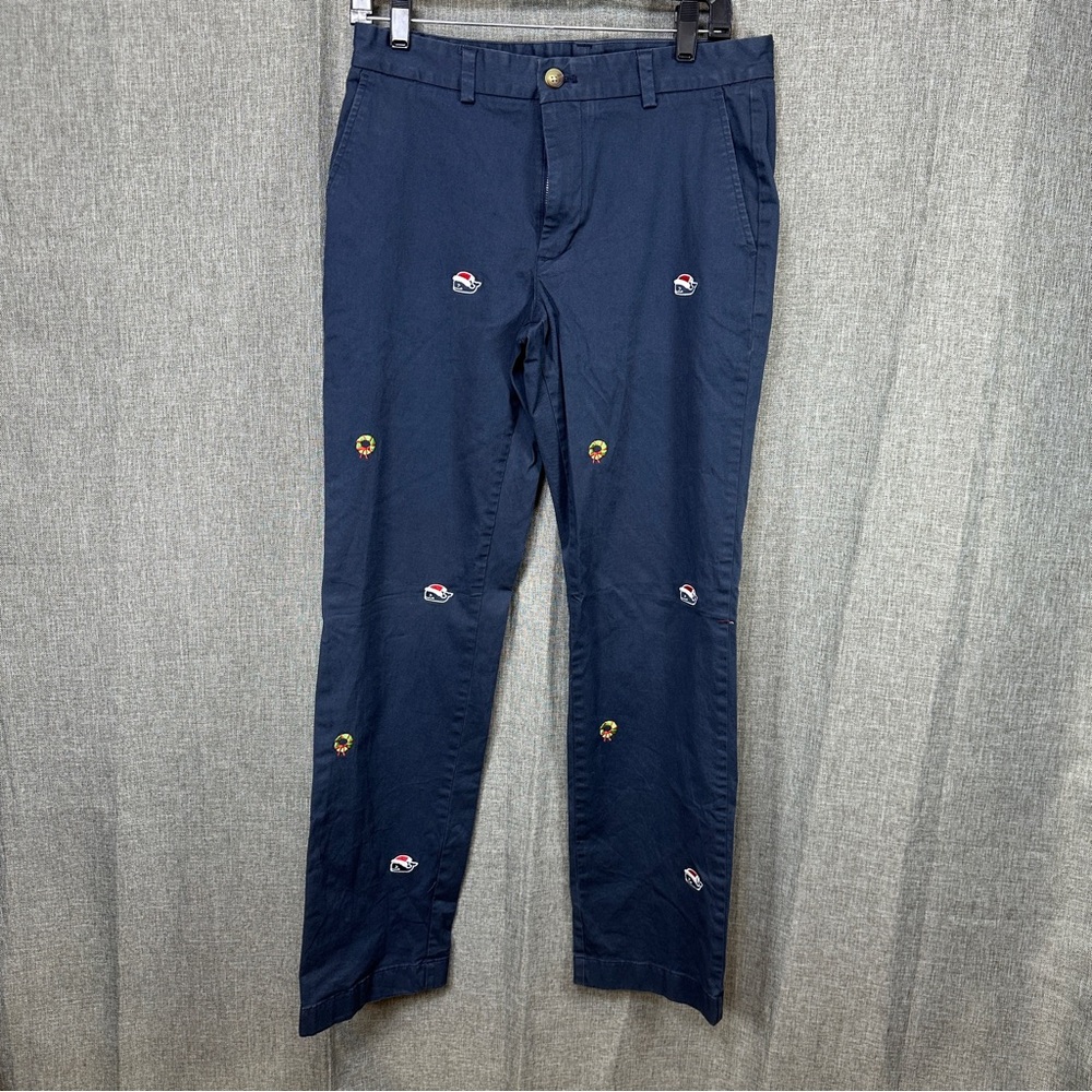 Vineyard Vines Pants 30x32 Blue Christmas Wreath Embroidered Whale Santa Chinos